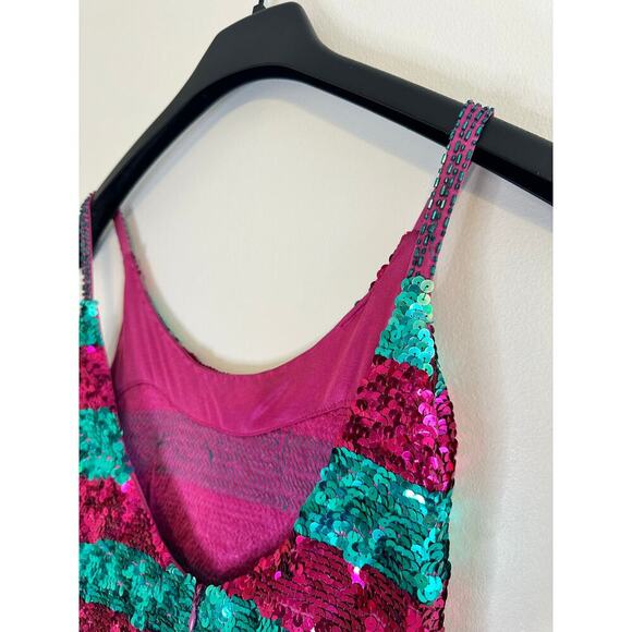 Vintage 80’s Nadine Teal & Hot Pink Beaded Sequin Mini Party Dress Size Small - Picture 4 of 9